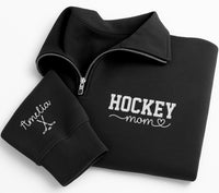 Personalized Hockey Mom Embroidered Quarter Zip Sweatshirt, Custom Sleeve Name Pullover, Sporty Mom Layer, Game Day Outfit, Hockey Gift