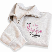 Personalized Nurse Embroidered Quarter Zip Sweatshirt, Custom RN Name Pullover, Cozy Scrub Layering Top, Nurses Week Gift, Gift for RN