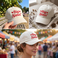 Big Sister Embroidered Hat with Red Hearts, Sibling Announcement Gift, Low Profile Dad Hat, Cute New Baby Reveal Outfit, Gift for Her