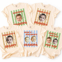 Personalized Grandpa Photo Shirt, Custom Kids Face Name Tee, Retro Striped Pop Pop Shirt, Family Photo Keepsake, Father's Day Gift