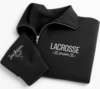 Personalized Lacrosse Mom Embroidered Quarter Zip Sweatshirt, Custom Sleeve Name Top, Mama Cozy Pullover, Game Day Layer, Gift for Mom