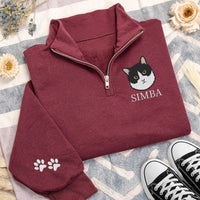 Personalized Pet Embroidered Quarter Zip Sweatshirt, Custom Dog Portrait Pullover, Paw Print Sleeve Detail, Dog Mom Gift, Pet Lover Gift
