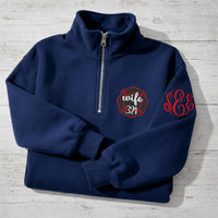 Firefighter Wife Embroidered Quarter Zip Sweatshirt, Maltese Cross Badge Number Pullover, Fireman Girlfriend Fiancée Gift
