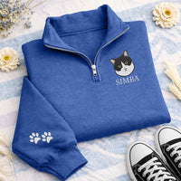 Personalized Pet Embroidered Quarter Zip Sweatshirt, Custom Dog Portrait Pullover, Paw Print Sleeve Detail, Dog Mom Gift, Pet Lover Gift