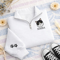 Personalized Pet Embroidered Quarter Zip Sweatshirt, Custom Dog Portrait Pullover, Paw Print Sleeve Detail, Dog Mom Gift, Pet Lover Gift
