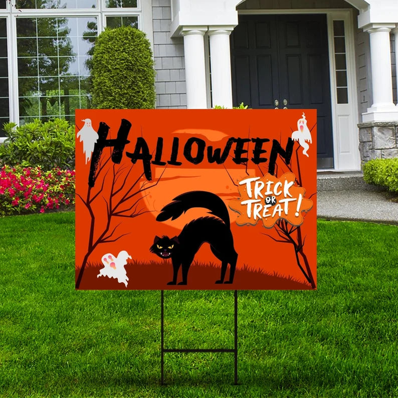 Halloween Yard Sign - Scary Pumpkin Cat Witch Halloween Decorations