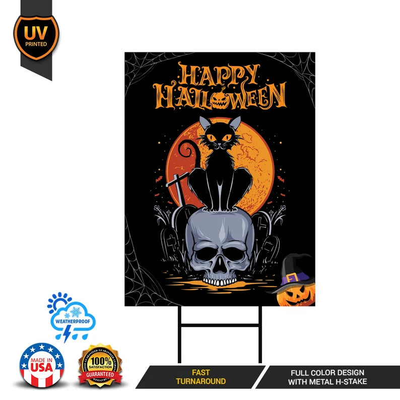 Halloween Yard Sign - Scary Pumpkin Cat Witch Halloween Decorations